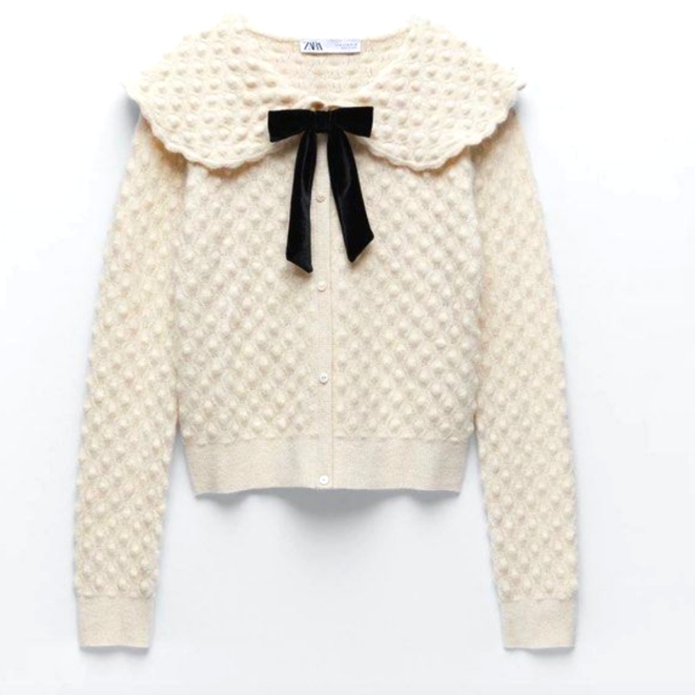 Zara Cream Sweater with Oversized Collar and Black Tie Bow